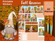 an image of fall gnomes planner stickers with pictures and text on it, including the