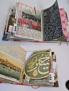 an open book with arabic writing on the pages and pictures in it, next to a computer mouse