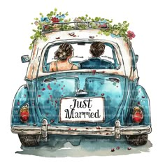 two people are sitting in the back of a blue car with just married written on it