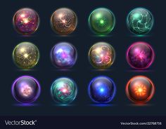 a set of glowing orbs with different colors and shapes