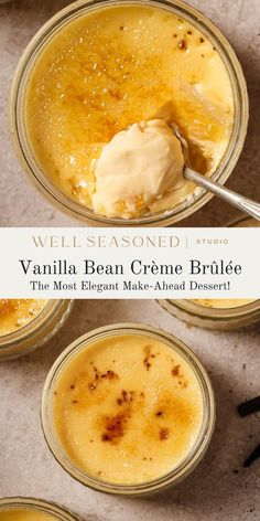 vanilla bean creme brulee in small glass jars with spoons next to it