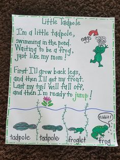 a poem written in green and white on a piece of paper that says little tadpole