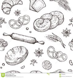 hand drawn breads and pastries on a white background stock photo - image 3497