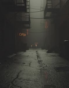 an alley way with neon signs in the fog