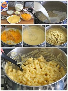 the steps to make macaroni and cheese are shown in different stages, including mixing