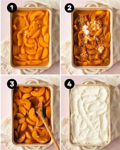 four pictures showing how to make an ice cream dessert with sliced peaches in a baking dish