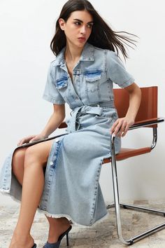 Stylish Belted Blue Jean Maxi Dress | Trendy Belted Jean Maxi dress | Mid-Sleeve Belted Denim Dress | Knee-Length Casual Jean Dress ✔️Colors may vary due to light differences in studio shootings. ✔️Wrinkles may occur during the shipping process. After receiving your clothing, you can wear it neatly like the model if you use a steam iron afterwards. ✔️Model Information: Model's Measurements: Height: 173cm(5'8') Chest: 81cm(31in) Waist: 59cm(23in) Hip: 83cm(32in) The product on the mannequin is si Fitted Washed Blue Denim Top With Short Sleeves, Denim Blue Short Sleeve Dresses With Pockets, Medium Wash Denim Short Sleeve Dress, Medium Wash Denim Dresses With Short Sleeves, Medium Wash Denim Dress With Short Sleeves, Denim Midi Dress With Pockets And Short Sleeves, Washed Blue Short Sleeve Dress With Pockets, Denim Dress With Relaxed Fit And Short Sleeves, Washed Blue Denim Short Sleeve Dresses