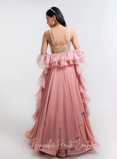 Dusty Pink Color Tiered Skirt with Crop Top – Panache Haute Couture Indowestern Gowns, Western Gowns, Dabka Work, Reception Gowns, Indo Western Gown, Georgette Skirt, Dusty Pink Color, Skirts Flowy, Indian Fashion Trends