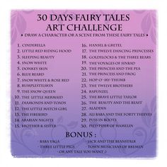 the 30 days fairy tales art challenge is shown in purple and black, with an image of