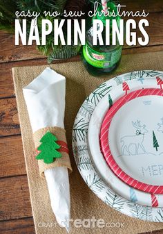 a paper plate and napkin on a place mat with the words easy no sew christmas napkin rings