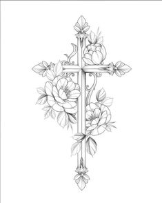 a cross with flowers on it and leaves around the cross is drawn in black ink