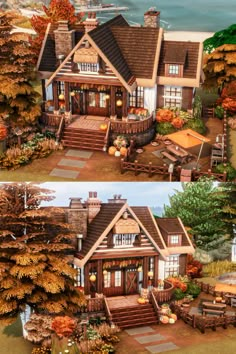 two pictures of a house in the middle of autumn and fall with trees around it