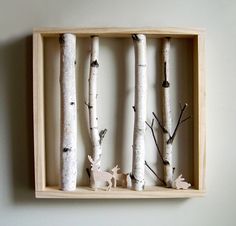 four white birch trees in a wooden box