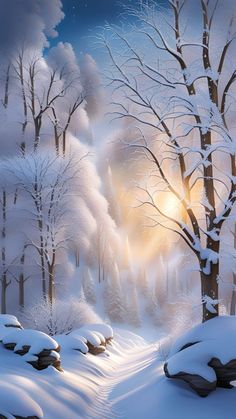 a winter scene with snow covered trees and rocks in the foreground, sun shining through the clouds