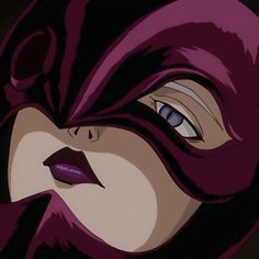 a close up of a person with purple hair wearing a mask and looking into the distance