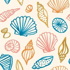 colorful shells and seashells on a white background with blue, pink, orange, and yellow colors