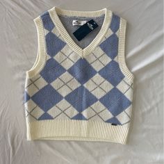 Hollister Women’s Sweater Vest, White And Blue Plaid Size S, Perfect Condition Never Worn, Tags Still On Preppy Blue Cotton Sweater, Plaid Sweater Vest, Plaid Sweater, Vest Pattern, Vest White, Hollister Tops, Knitted Tank Top, Knit Tanks, Womens Plaid