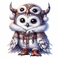 an owl with horns and feathers on its head is dressed up in a horned costume