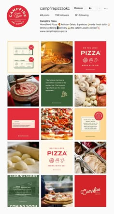 the pizza menu is displayed in red, green and yellow colors with an image of different types