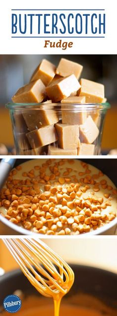 butterscotch fudge in a bowl with a whisk being drizzled over it