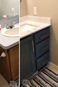 before and after photos of a bathroom with blue cabinets, white counter tops and gray vanity