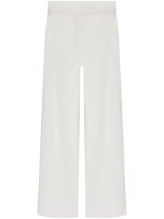 chalk white virgin wool fine knit appliqué logo ribbed trim wide leg elasticated waistband two side slash pockets White Wide-leg Bottoms With Ribbed Waistband, White Wide Leg Bottoms With Ribbed Waistband, Chic White Bottoms With Straight Hem, Chic White Wide Leg Loungewear Pants, Chic White Wide Leg Lounge Pants, Chic White Wide Leg Pants For Loungewear, White Wide Leg Pants With Straight Hem For Summer, White Pants With Elastic Waistband And Straight Hem, White Pants With Elastic Waistband