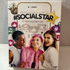 an advertisement for social star with two women wearing pink furs and one man in white