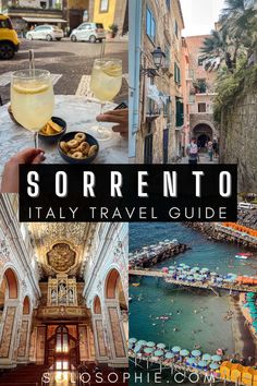 an italian travel guide with pictures of the streets, buildings and people around it in italy