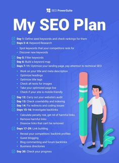 a man holding a giant pencil next to the words my seo plan