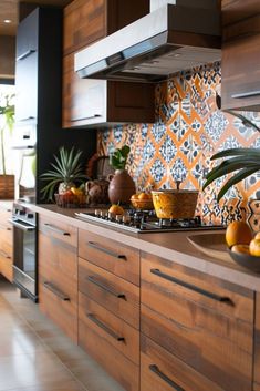 a kitchen with wooden cabinets and an orange tiled backsplash that matches the wall