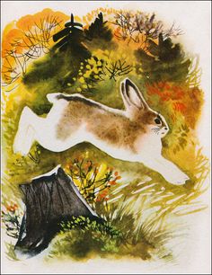 a watercolor painting of a rabbit running in the grass with trees and bushes behind it