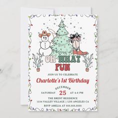 a birthday party card with a snowman and a christmas tree