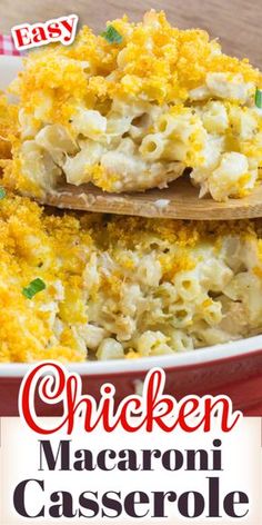 chicken macaroni casserole in a red dish