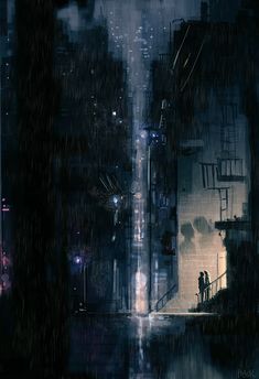 two people are standing in the rain under an umbrella on a city street at night