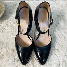 Vintage Chanel Black Leather And Patent Two Tone Cap Ankle Strap Pumps Lambskin And Patent Leather Size : 38 Made In Italy Chanel Two Tone Pumps, Shoes Vintage, Ankle Strap Pumps, Strap Pumps, Chanel Black, Chanel Shoes, Vintage Chanel, Vintage Shoes, Christian Louboutin Pumps