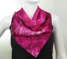 "A fabulous fuschia pink scarf, featuring a delicate fractal design. Digital printing on luxurious fine silk satin. Color is brightest on the shiny side, but also beautiful on the crepe side. *26\" square (69cm square) * Hand-rolled hem * Digitally printed original design * 100% silk satin * Dry clean only * Can be ironed, but use of a press cloth is recommended to prevent staining. * Arrives packed in an elegant gift-box . . . . . . . . . . . . . . . . . . . . . . . . . . . . . . . . . . . . . Elegant Pink Satin Scarves, Elegant Pink Satin Scarf, Elegant Pink Silk Scarf For Formal Occasions, Elegant Pink Scarf For Formal Occasions, Elegant Pink Formal Scarves, Elegant Formal Pink Scarves, Satin Silk Scarf For Gift, Elegant Pink Silk Scarf For Party, Elegant Purple Scarf For Gift