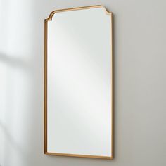 a large mirror hanging on the wall next to a white wall with a potted plant