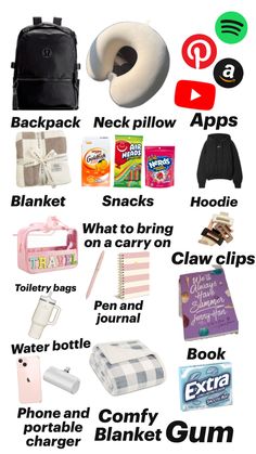 the contents of a backpack and other items that are labeled in different languages, including text