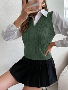 Solid Color Knit Sweater Vest, Casual Autumn Olive Green Casual   Fabric Plain  Non-Stretch Spring/Fall Women Clothing, size features are:Bust: ,Length: ,Sleeve Length: Knit Vest Outfit, Crop Pullover, Sweater Vests, Knit Sweater Vest, Red Vest, Pullover Outfit