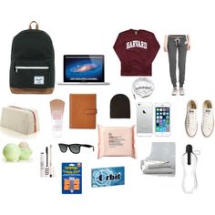 an assortment of personal items arranged on a white background, including shoes, laptop and backpack