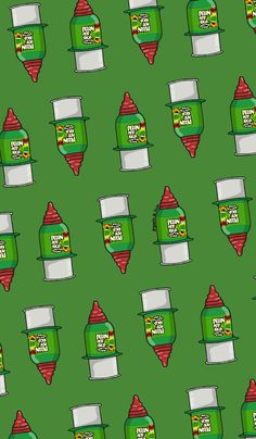 a green and red background with many different types of food items on it, including ketchup