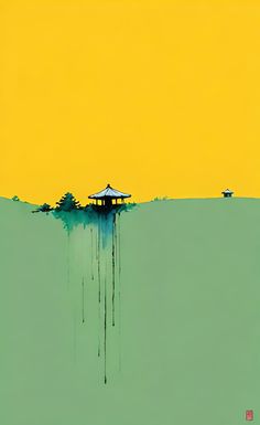 an abstract painting of a pagoda in the middle of water