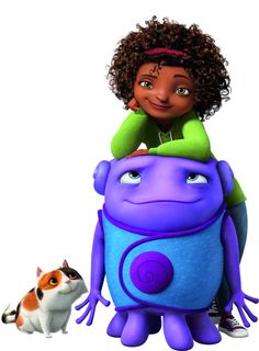 the animated character is sitting on top of a purple backpack with a cat next to it