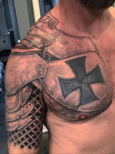 Body Armor Tattoo Body Armour Tattoo, Shoulder Plate Armor Tattoo, Medieval Armor Tattoo, Shoulder Armor Tattoo Design, Armor Tattoo Sleeve, Mechanical Tattoo