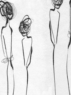 three black and white drawings of women standing in different poses, one with her hair blown back