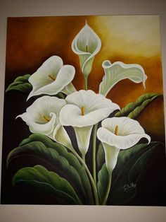 a painting of white flowers with green leaves