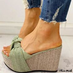 Olivia Mark - Stylish Wedge Heel Open-Toe Slippers with Butterfly Knot Design - Available in Multiple Shoe Sizes - Womens Summer Sandals Party Long Dress, Denim Heels, Mesh Heels, Basic Heels, Open Toe Slippers, High Heel Slippers, Womens Sandals Summer, High Heel Wedges, Women's Mules