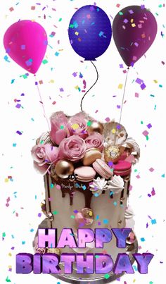 a birthday cake with balloons and confetti in the air on a white background