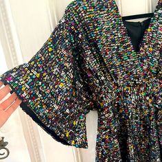 This Is One Of The Most Beautiful, Fun, Artsy, Eclectic And Whimsical Sequin Dresses I’ve Ever Had In My Closet. I Just Love Looking At It, But It Deserves More Nights Out, Or Someone More Brave Wearing Color. Excellent Condition- See Detail Photos For A Loose String Or Two. Otherwise Unnoticeable And Magnificent. Festive Multicolor V-neck Dress, Glamorous Multicolor V-neck Sequin Dress, Spring Party Dress With Butterfly Sleeves, Summer Party Dress With Flutter Sleeves, Spring Party Dress With Flutter Sleeves, Summer Party Mini Dress With Flutter Sleeves, Spring Festive Sequin Dress, Chic Sequin Dress For Spring Festive, Fitted Dress With Butterfly Sleeves For Parties