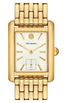 A signature double-T logo sits above the dial and gives sophisticated charm to a polished timepiece with a gleaming bracelet strap. 25mm width x 26mm height case; 18mm band width Quartz movement Mineral crystal face Stainless steel with goldtone plate Made in Japan Tory Burch Watch, Queens Jewels, Tank Watch, Vintage Watches Women, Expensive Jewelry Luxury, Amazing Watches, Stainless Steel Accessories, Watches For Women, Jewelry Accessories Ideas